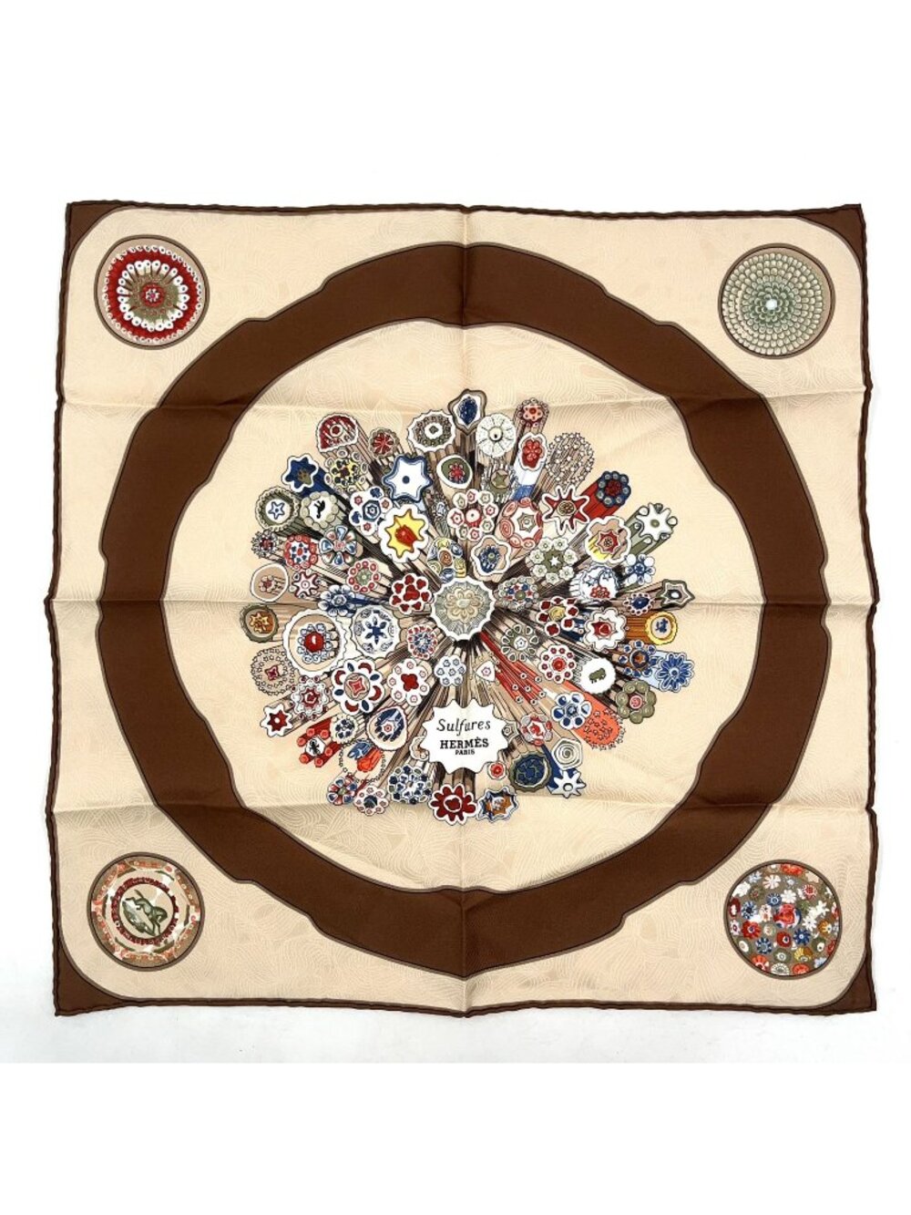 Hermes Carre 45 Sulfures Silk Brown Beige Scarf
